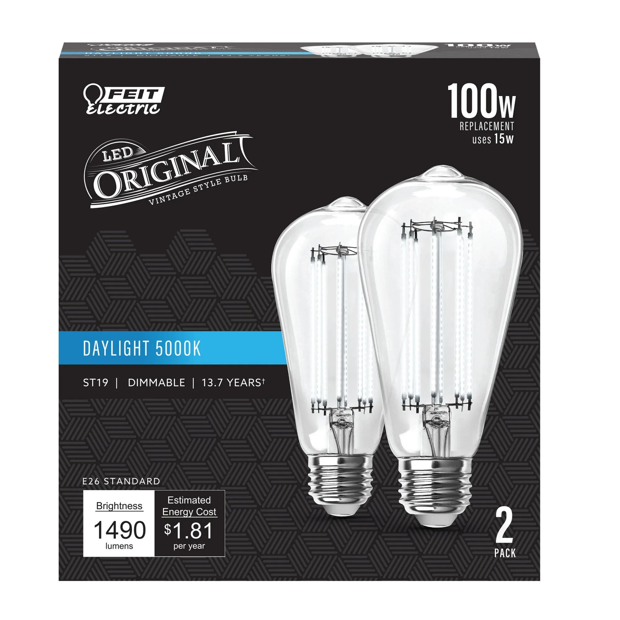 15W (100W Replacement) ST19 E26 Dimmable Straight Filament Clear Glass Vintage Edison LED Light Bulb, Daylight (2-Pack)