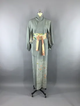 1950s Vintage Kimono Robe with Embroidered Blue-Green Floral Print