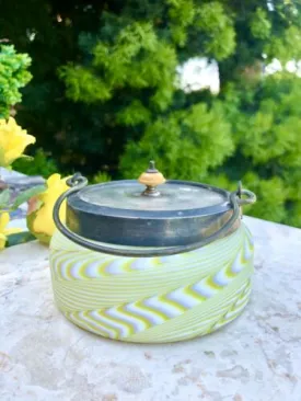 Antique Green White Swirl Satin Glass Silver Plate Rim Handle Lid Jar Container