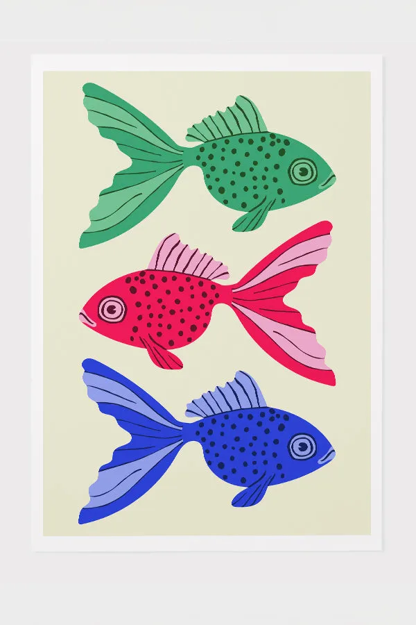 Bold Graphic Three Goldfish Giclée Art Print Poster (Off White)