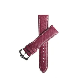 Burgundy Saffiano Folded Edge White Stitches Watch Strap