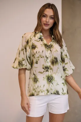 Frida Puff Sleeve Sage/Forrest Green Print Blouse