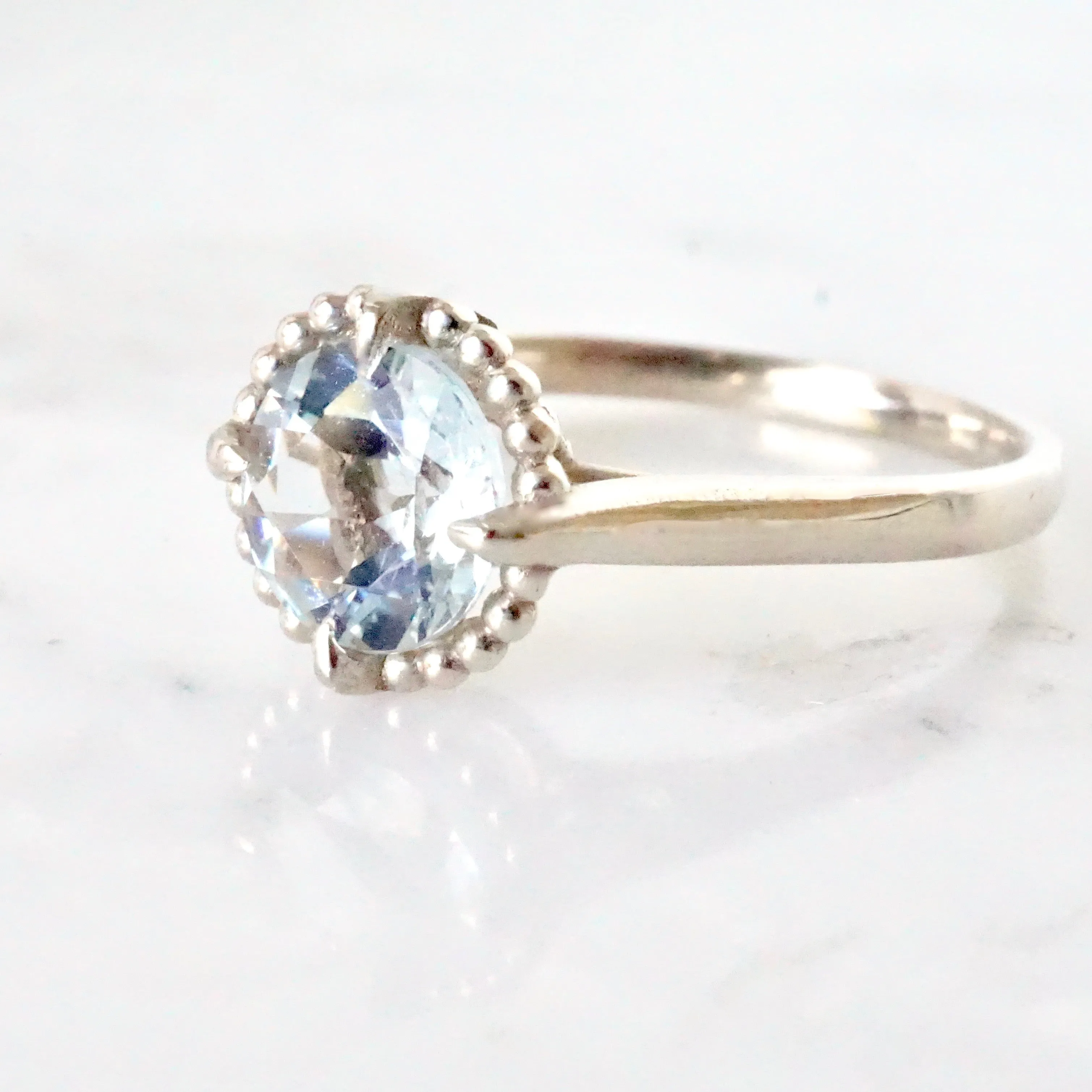 Genuine Aquamarine Engagement Ring - Round Aquamarine Compass Design Ring 14k Gold