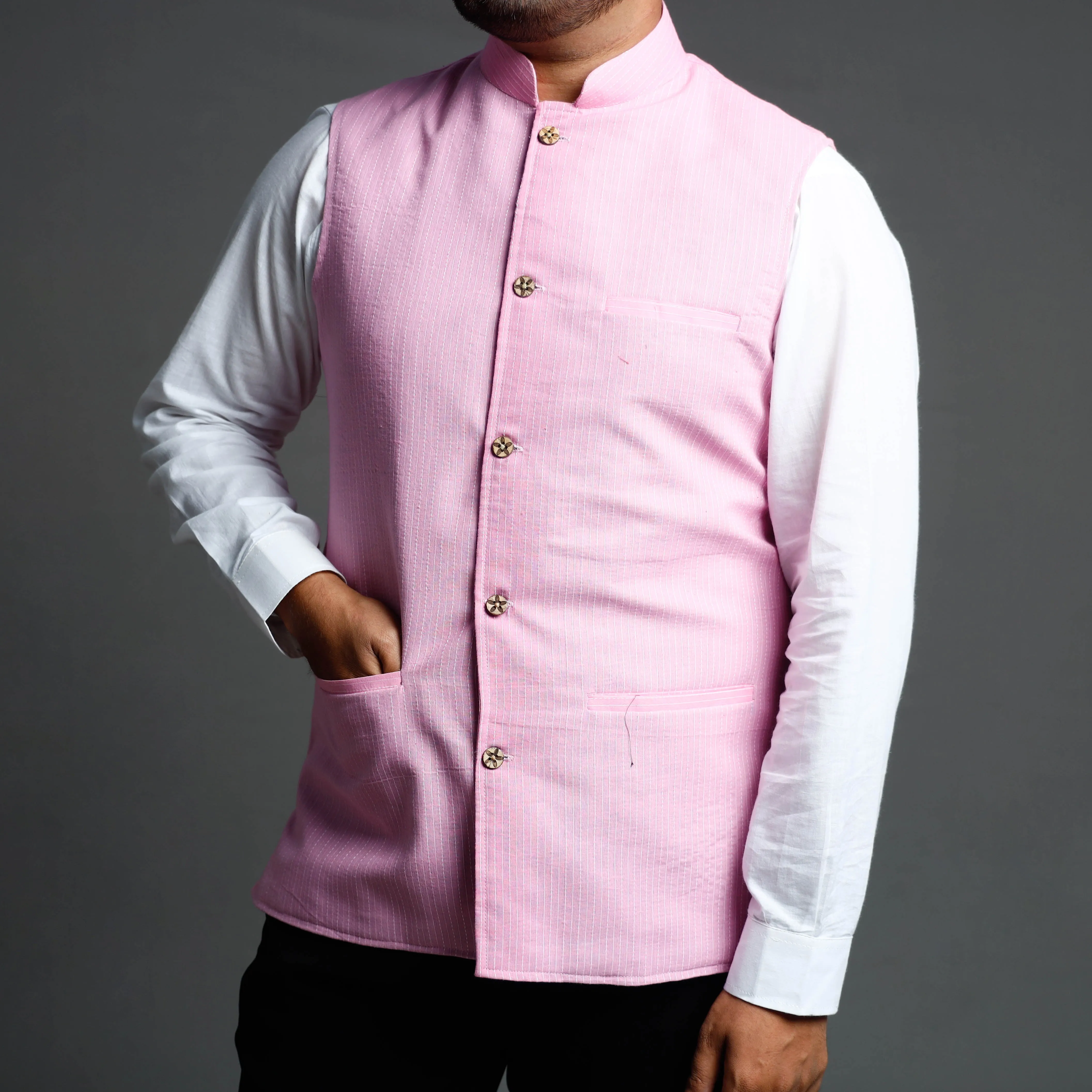 Light Pink - Running Stitch Pure Cotton Men Nehru Jacket 15