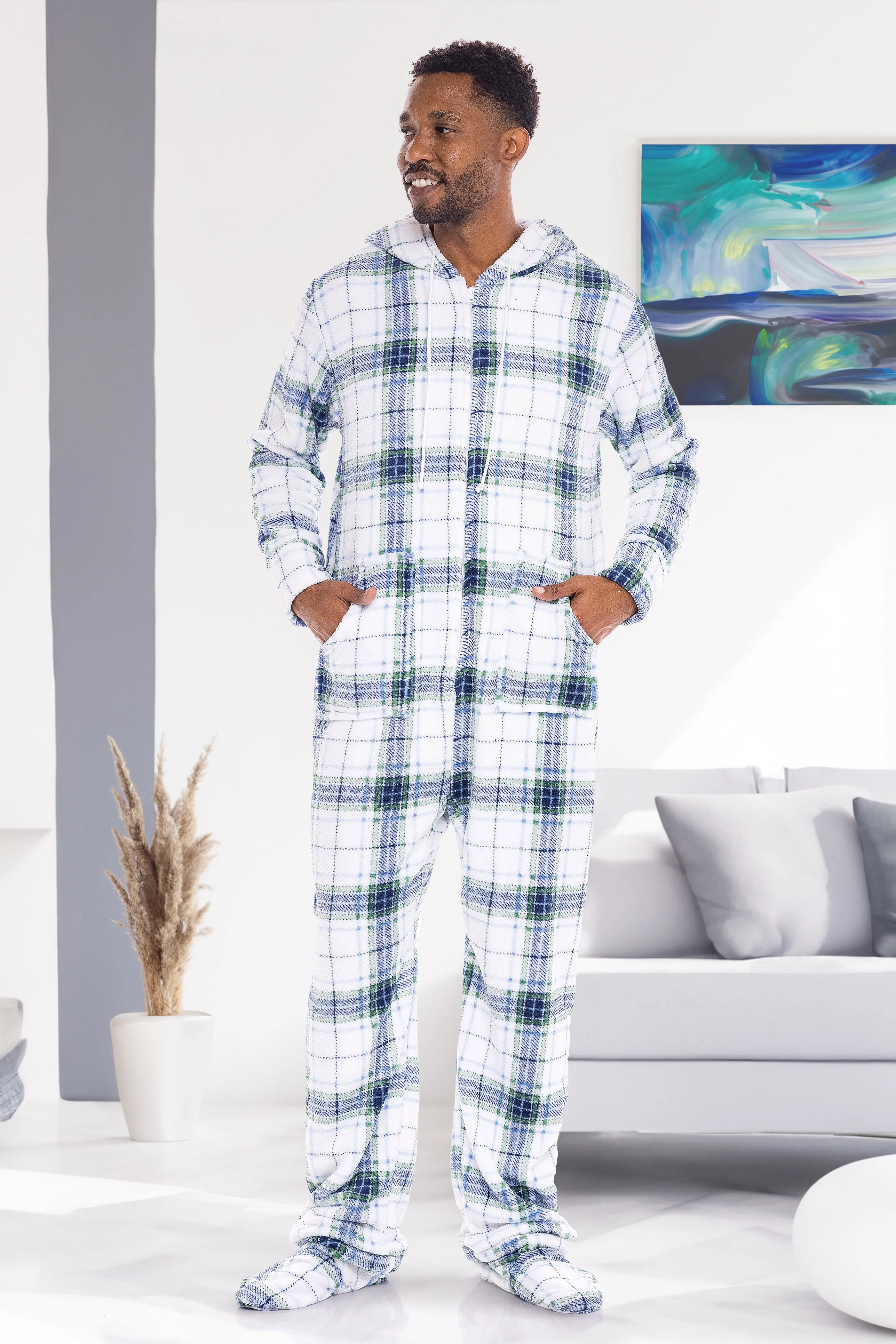 Men's Hooded Footed Adult Onesie Pajamas, Plush Winter PJs with Hood