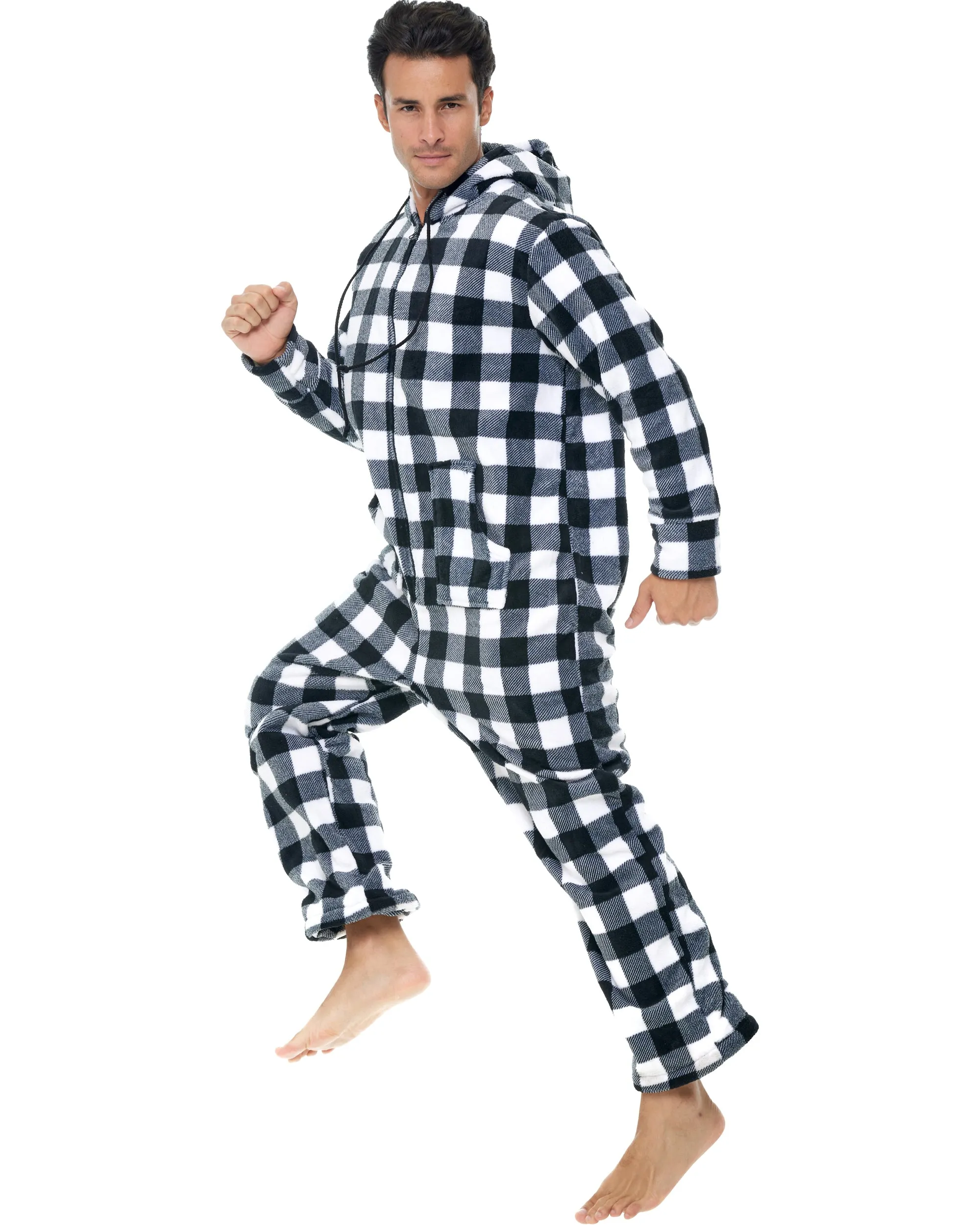 Men's Hooded Footed Adult Onesie Pajamas, Plush Winter PJs with Hood