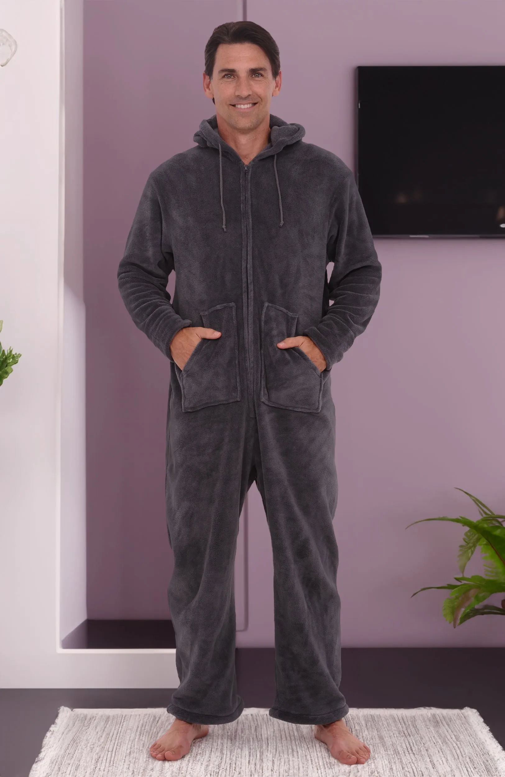 Men's Hooded Footed Adult Onesie Pajamas, Plush Winter PJs with Hood