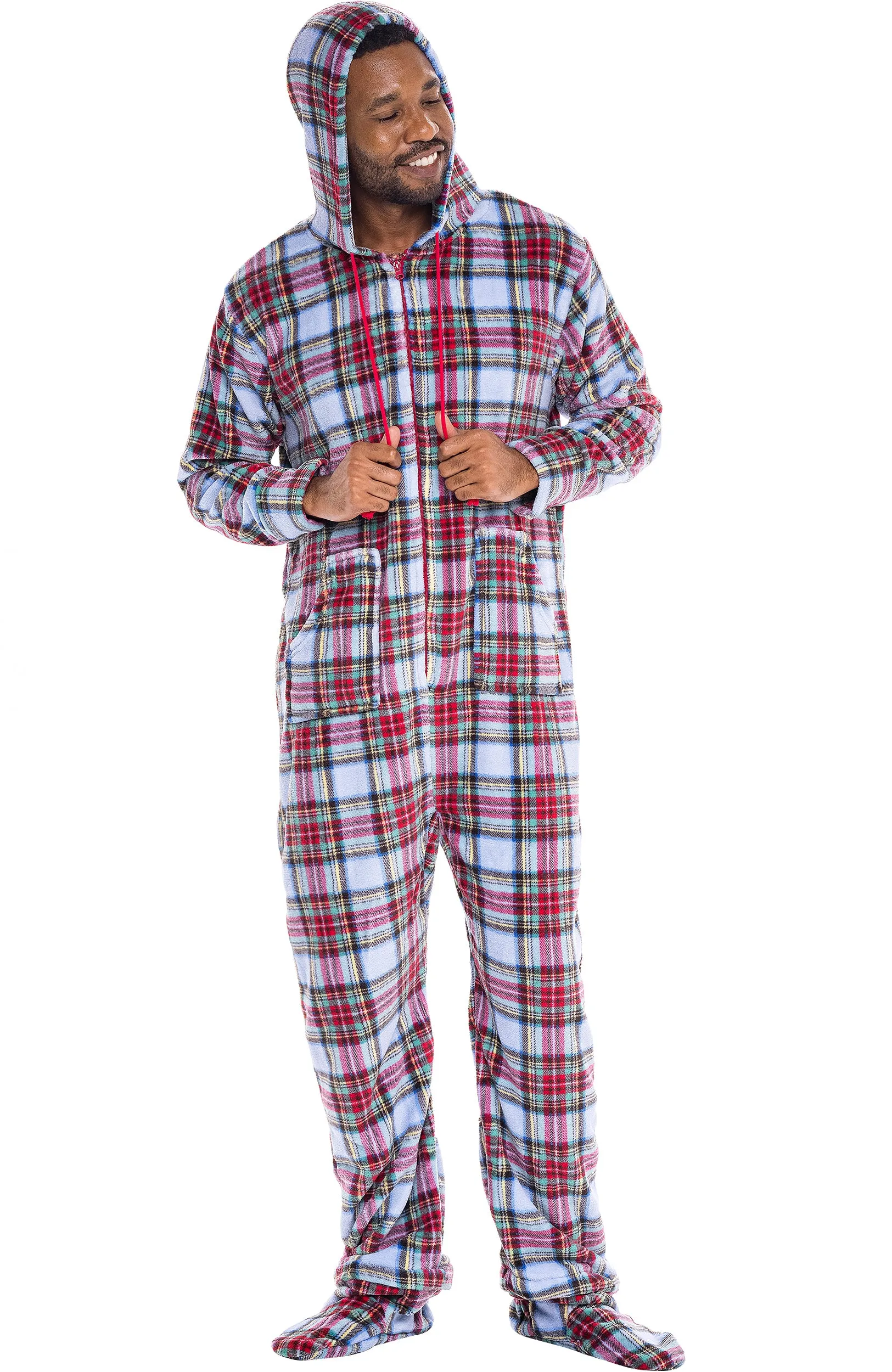 Men's Hooded Footed Adult Onesie Pajamas, Plush Winter PJs with Hood