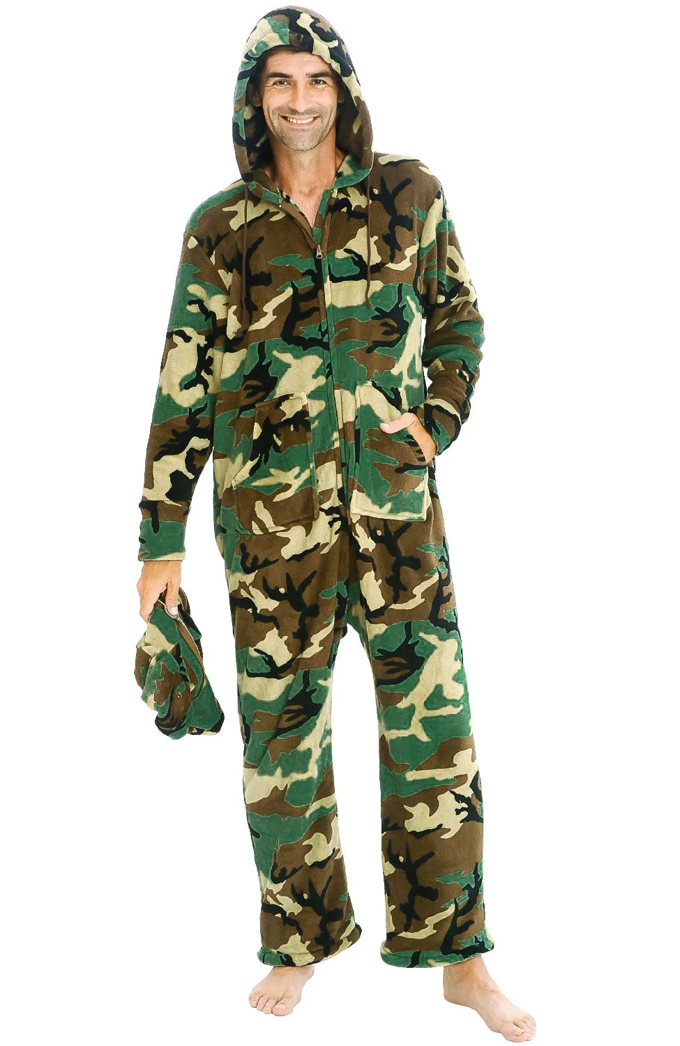 Men's Hooded Footed Adult Onesie Pajamas, Plush Winter PJs with Hood