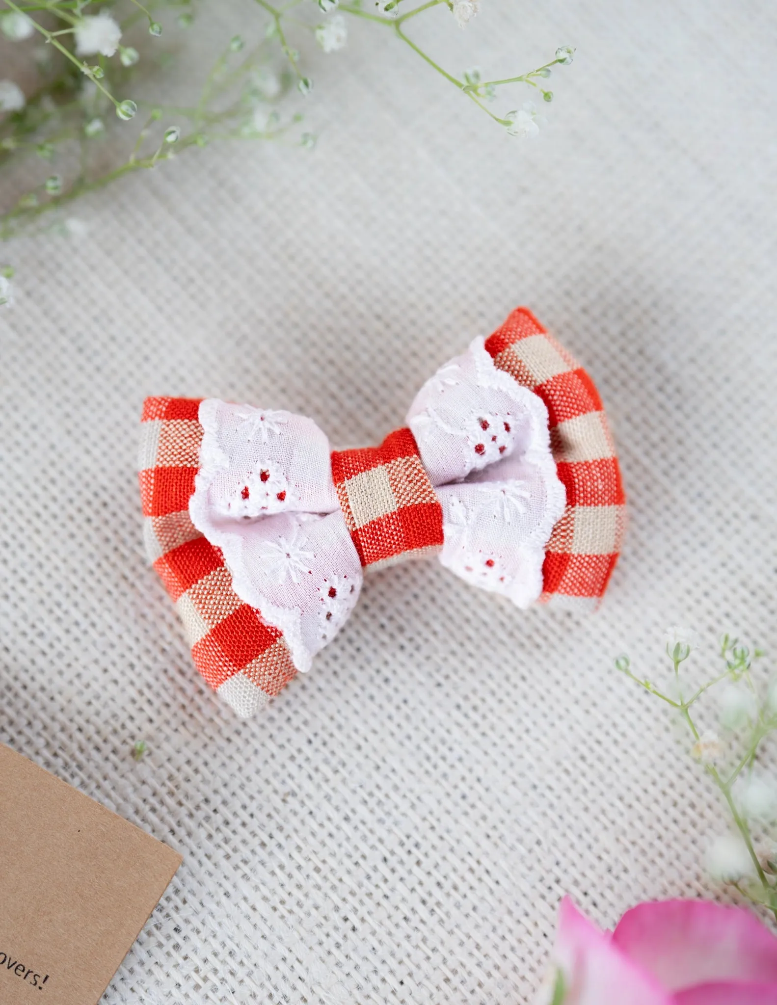 Red Check Lace Mini Bow for Infants | Hair Clip | Headband